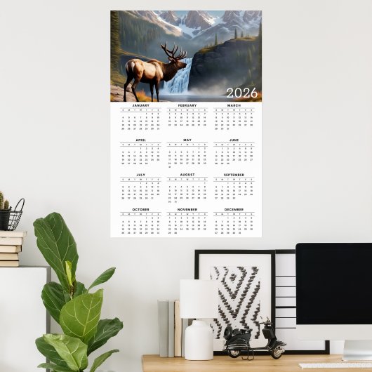 Majestic Elk & Mountain Waterfall 2026 Calendar ポスター (ホームオフィス)