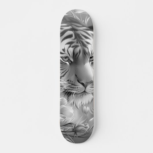 Majestic Fantasy Gray Scale Tiger Head & Florals  スケートボード (正面)