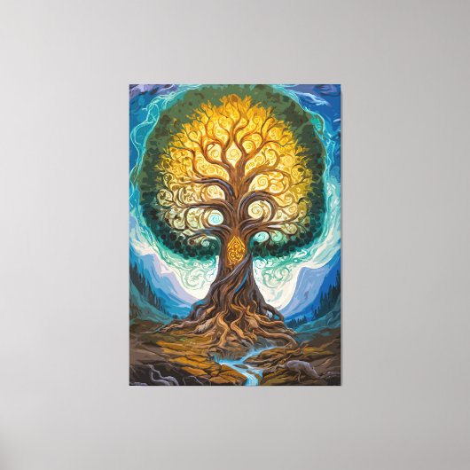 Majestic Glowing Yggdrasil Tree Fantasy Art キャンバスプリント (正面)