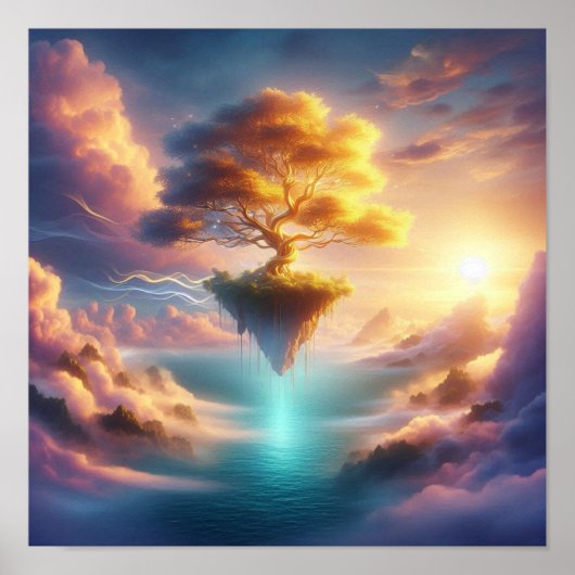 Majestic Golden Tree Over Dreamlike Ocean Skies ポスター (正面)
