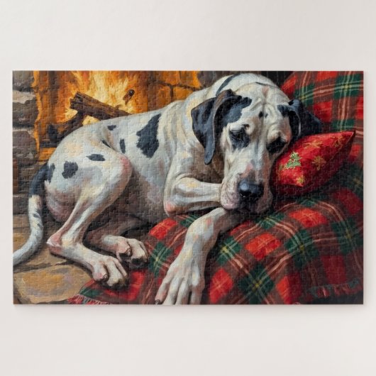 Majestic Great Dane Asleep by Fireplace Cozy ジグソーパズル (横)
