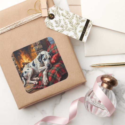 Majestic Great Dane Asleep by Fireplace Cozy スクエアシール (ギフト)