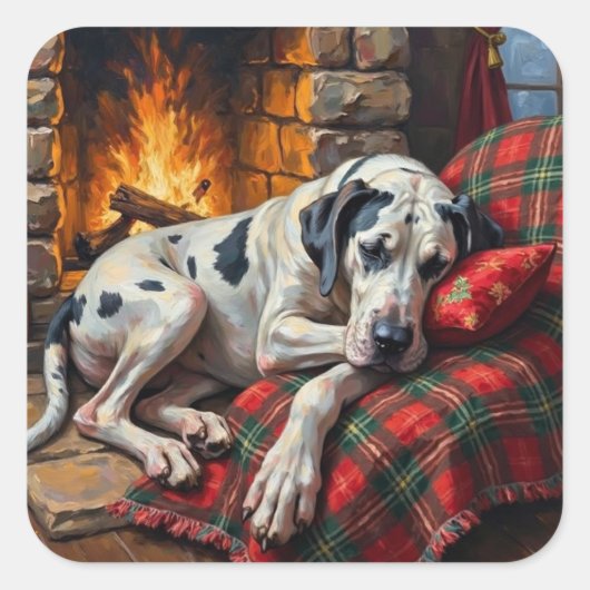 Majestic Great Dane Asleep by Fireplace Cozy スクエアシール (正面)