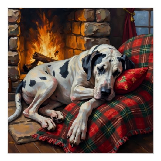 Majestic Great Dane Asleep by Fireplace Cozy ポスター (正面)