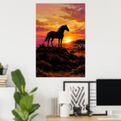 Majestic Horse Silhouette at Sunset Poster | Elega ポスター (ホームオフィス)
