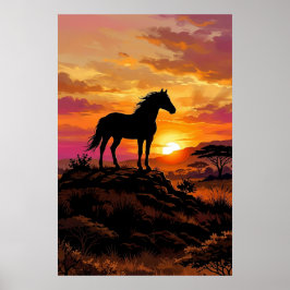 Majestic Horse Silhouette at Sunset Poster | Elega ポスター