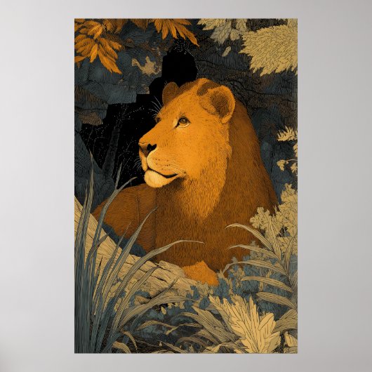 Majestic Leo Art Print Poised Lion with Blue and ポスター (正面)