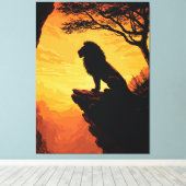 Majestic Lion Silhouette Sunset Cliff Tree キャンバスプリント (インサイチュ (ウッドフロア))