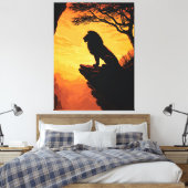 Majestic Lion Silhouette Sunset Cliff Tree キャンバスプリント (インサイチュ (寝室))