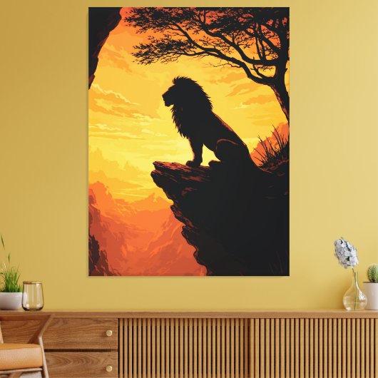 Majestic Lion Silhouette Sunset Cliff Tree キャンバスプリント (インサイチュ (リビング))