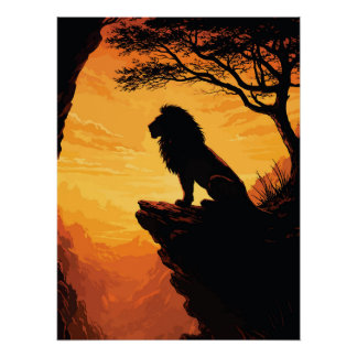 Majestic Lion Silhouette Sunset Cliff Tree ポスター