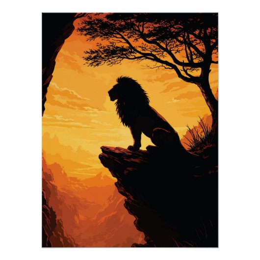 Majestic Lion Silhouette Sunset Cliff Tree ポスター (正面)