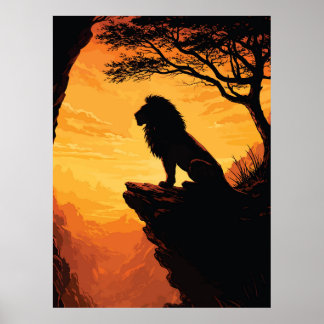 Majestic Lion Silhouette Sunset Cliff Tree ポスター