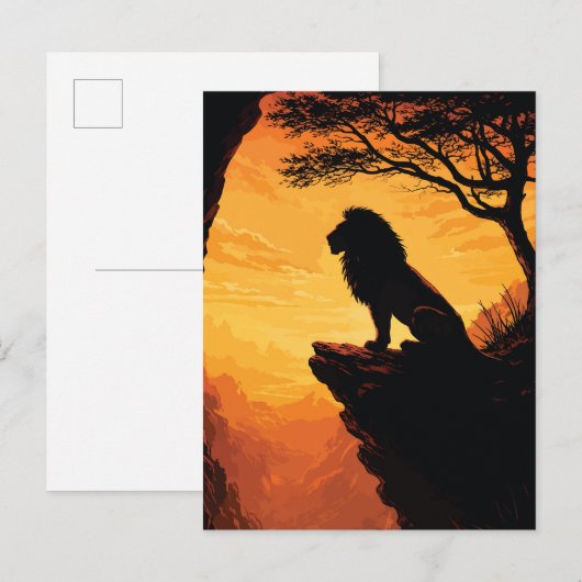 Majestic Lion Silhouette Sunset Cliff Tree ポストカード (正面/裏面)
