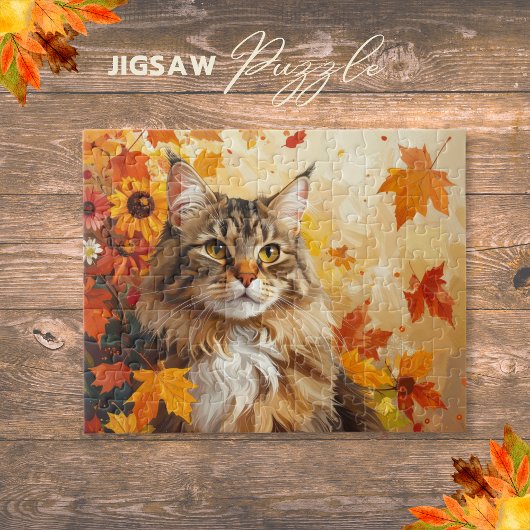 Majestic Maine Coon with Fall Leaves and Sunflower ジグソーパズル