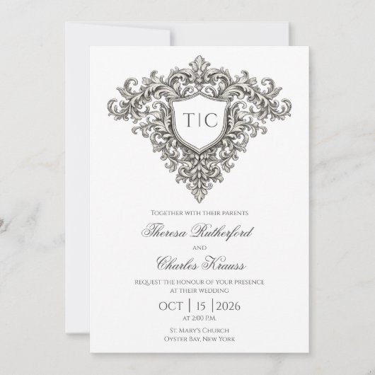 Majestic Monogram Crest Wedding Invitation (正面)