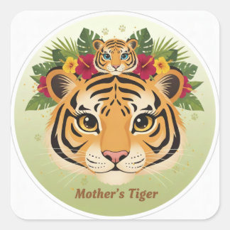 Majestic Mother Tiger and Cub Floral Sticker - Maa スクエアシール
