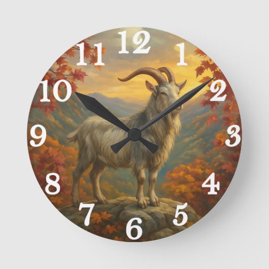 Majestic mountain goat autumn scene ラウンド壁時計 (正面)