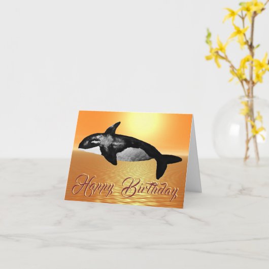 Majestic Orca Orange Ocean Sunset Birthday Card カード (黄色い花)