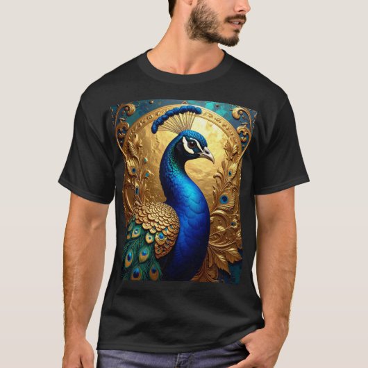 Majestic Peacock – Ornate Plumage in Golden Frame Tシャツ (正面)