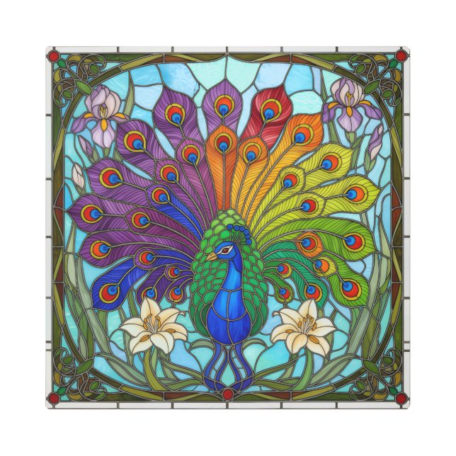 Majestic Peacock – Rainbow Stained Glass Metal Art メタルプリント (正面)
