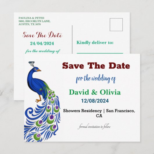 Majestic Peacock Wedding Save The Date Postcard ポストカード (正面/裏面)