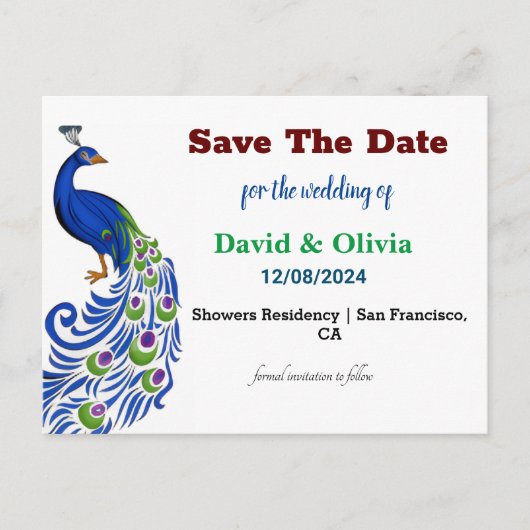 Majestic Peacock Wedding Save The Date Postcard ポストカード (正面)