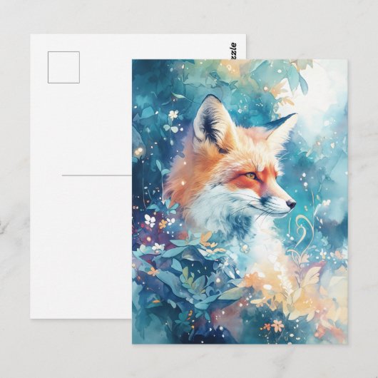 Majestic Red Fox in Teal Botanical Meadow ポストカード (正面/裏面)