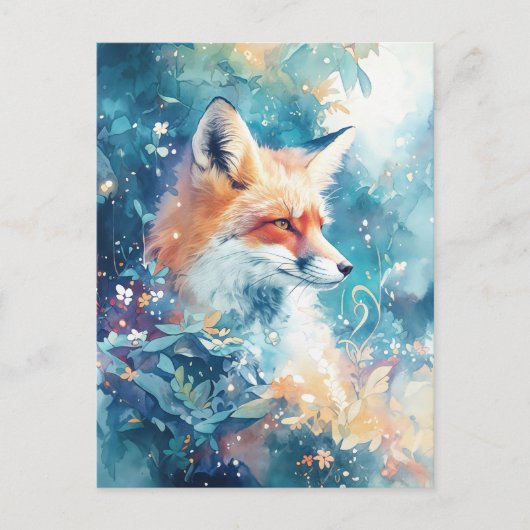 Majestic Red Fox in Teal Botanical Meadow ポストカード (正面)
