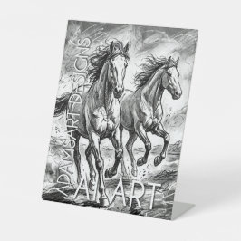Majestic Running Horses Black and White Sketch 台座サイン