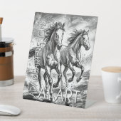 Majestic Running Horses Black and White Sketch 台座サイン (インサイチュ)