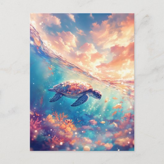 Majestic Sea Turtle Under Sunset Sky ポストカード (正面)