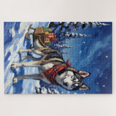 Majestic Siberian Husky Pulling Christmas Sled ジグソーパズル (横)