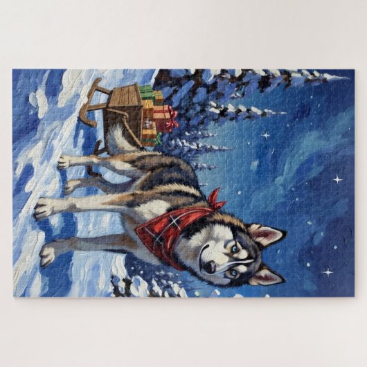 Majestic Siberian Husky Pulling Christmas Sled ジグソーパズル (横)