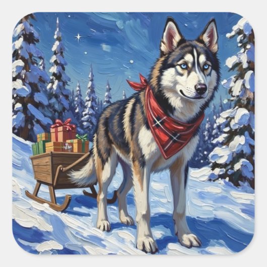 Majestic Siberian Husky Pulling Christmas Sled スクエアシール (正面)