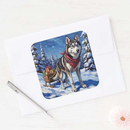 Majestic Siberian Husky Pulling Christmas Sled スクエアシール (封筒)