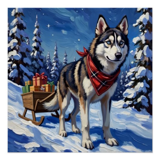 Majestic Siberian Husky Pulling Christmas Sled ポスター (正面)