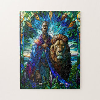 Majestic Stained Glass Man with Lion ジグソーパズル