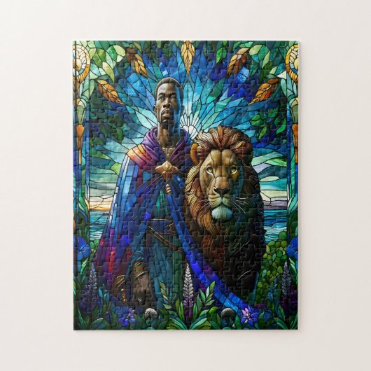 Majestic Stained Glass Man with Lion ジグソーパズル (縦)