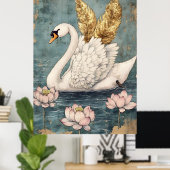 majestic swan with golden wings floats on the wate ポスター (ホームオフィス)