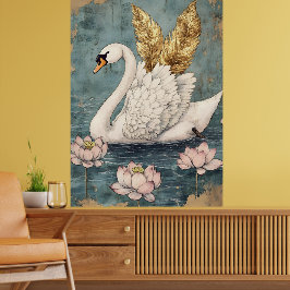majestic swan with golden wings floats on the wate ポスター