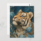 Majestic Tiger Cub in Blue Floral Garden ポストカード (正面/裏面)