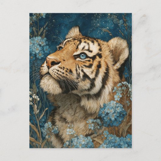 Majestic Tiger Cub in Blue Floral Garden ポストカード (正面)
