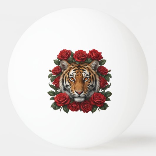 Majestic Tiger Face Red Rose Floral Wreath 卓球ボール (正面)