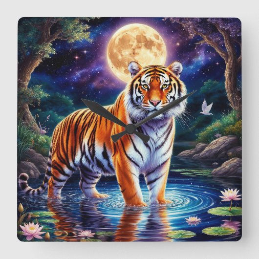 Majestic Tiger in a Moonlit Fantasy Landscape スクエア壁時計 (正面)