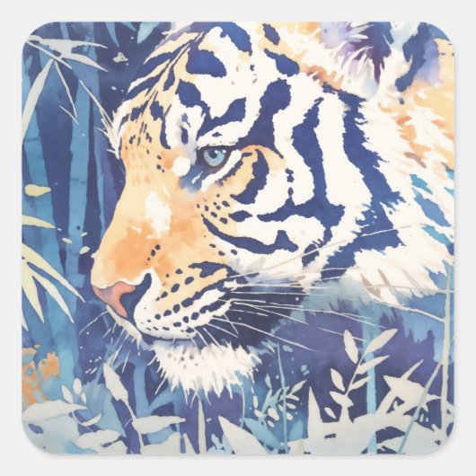 Majestic Tiger in Blue Bamboo Botanical Nature スクエアシール (正面)