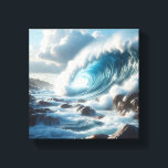 Majestic Turquoise Ocean Wave Crashing Against  キャンバスプリント<br><div class="desc">A breathtaking and powerful digital landscape featuring a massive turquoise wave breaking against a rugged, rocky shoreline. The intense spray of the sea foam and the dramatic lighting under a cloudy sky evoke a sense of raw natural beauty and cinematic drama. Ideal for large-scale wall art, modern coastal-themed interiors, or...</div>