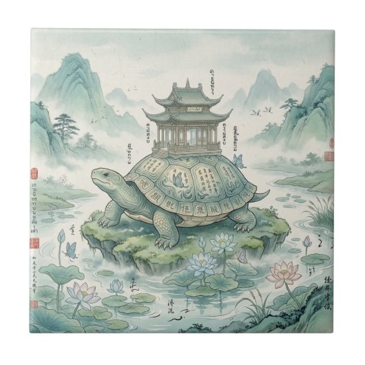 Majestic Turtle Pagoda Ink Art タイル (正面)