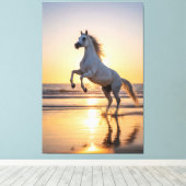 Majestic White Arabian Horse Sunset Beach キャンバスプリント (インサイチュ (ウッドフロア))