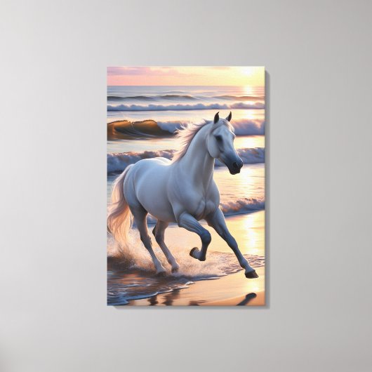 Majestic White Horse Galloping by the Ocean Waves  キャンバスプリント (正面)